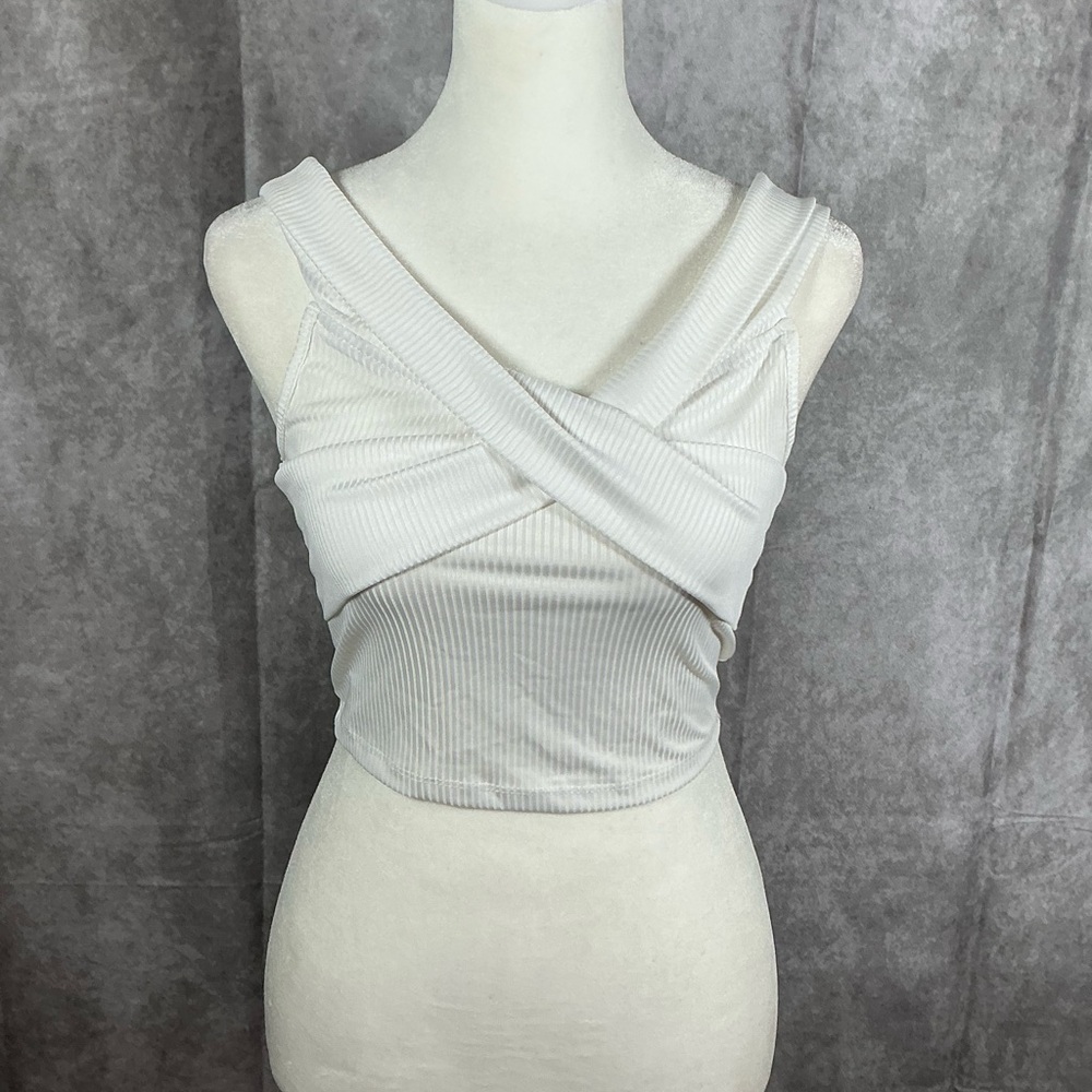 SHEIN White Ribbed Cross-Over Tank Top